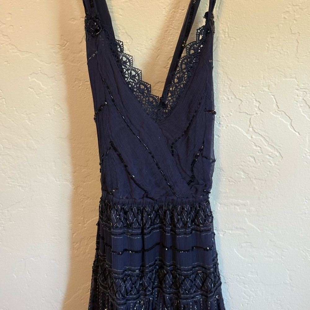 Free People Navy Beaded V-Neck Sleeveless Dress